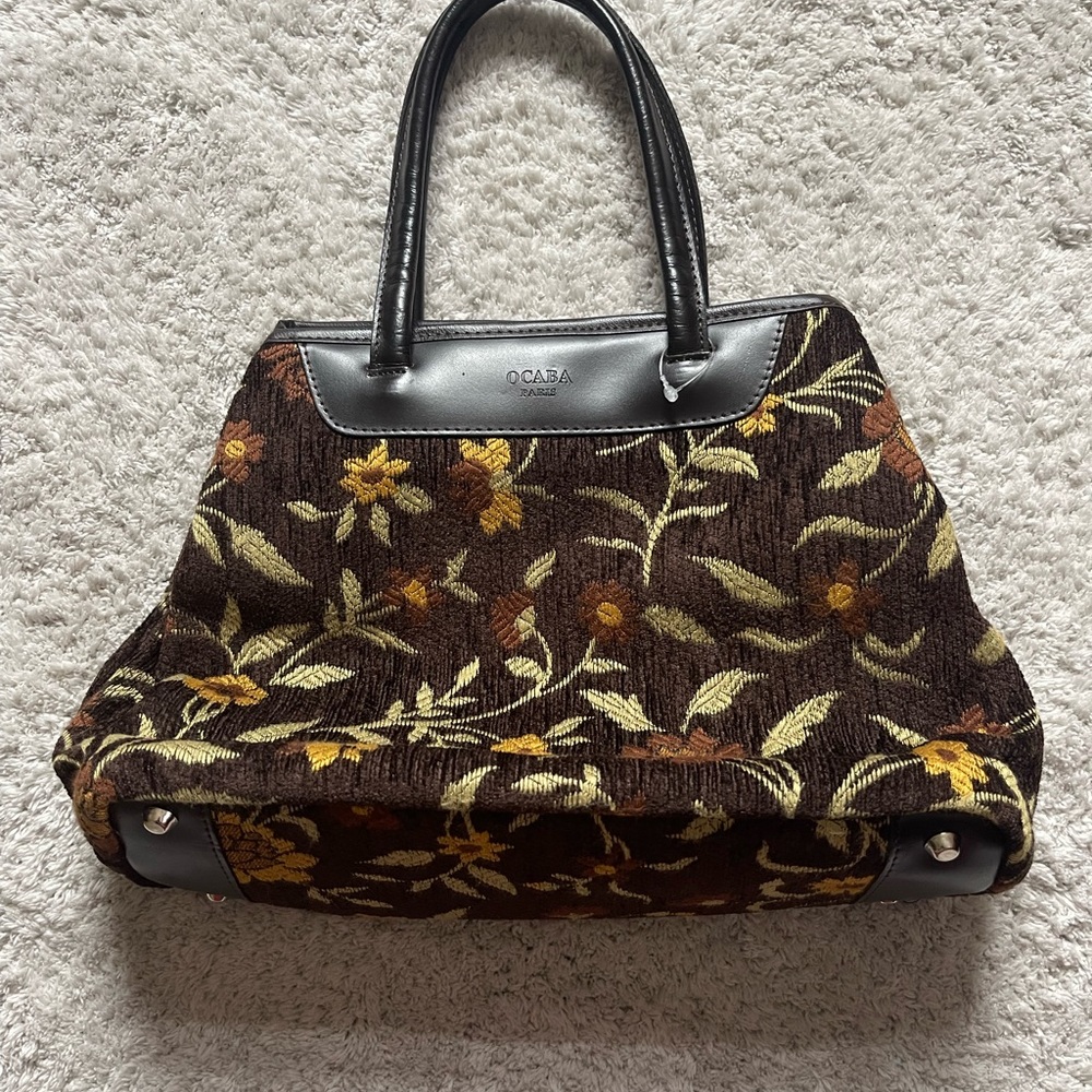 OCABA🇫🇷 PARIS RARE Handbag Shoulder Purse Brown Tapestry Floral Design